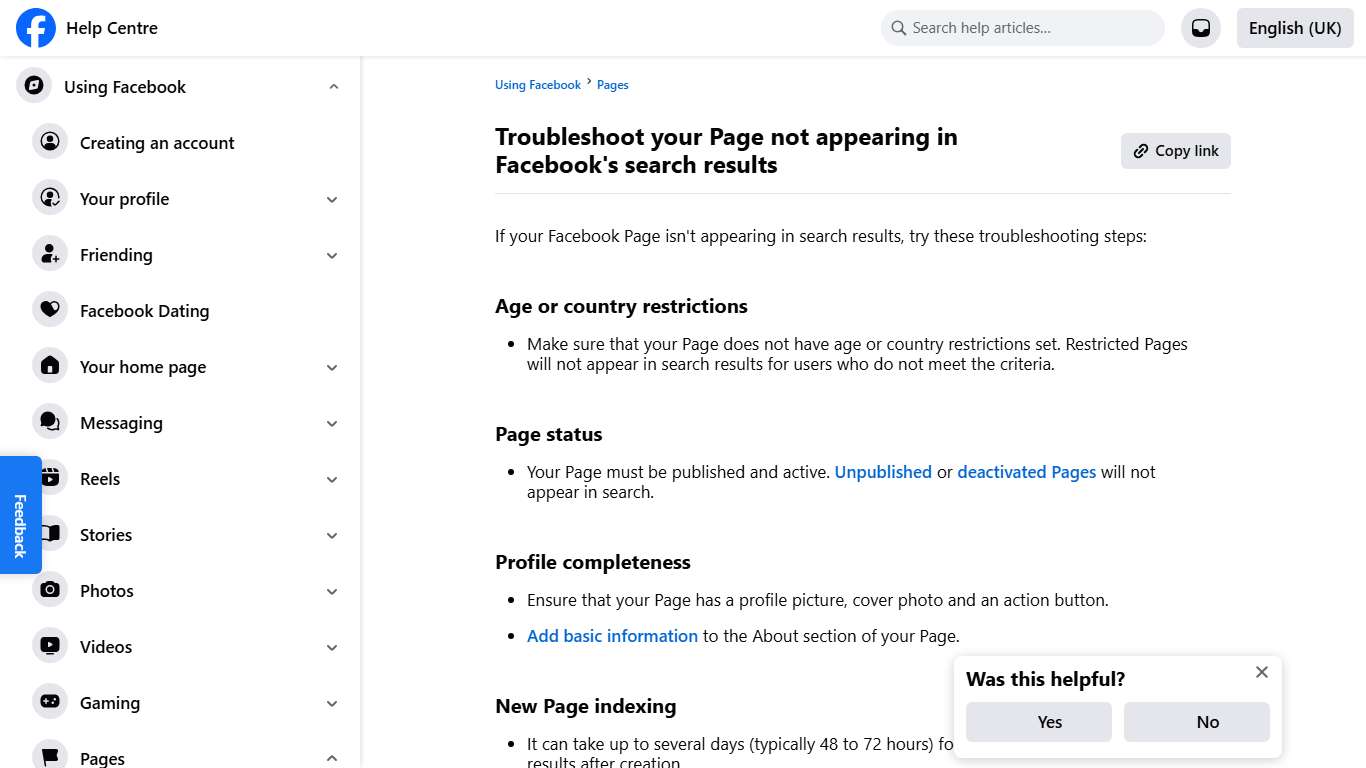 Troubleshoot your Page not appearing in Facebook's search results Facebook Help Centre